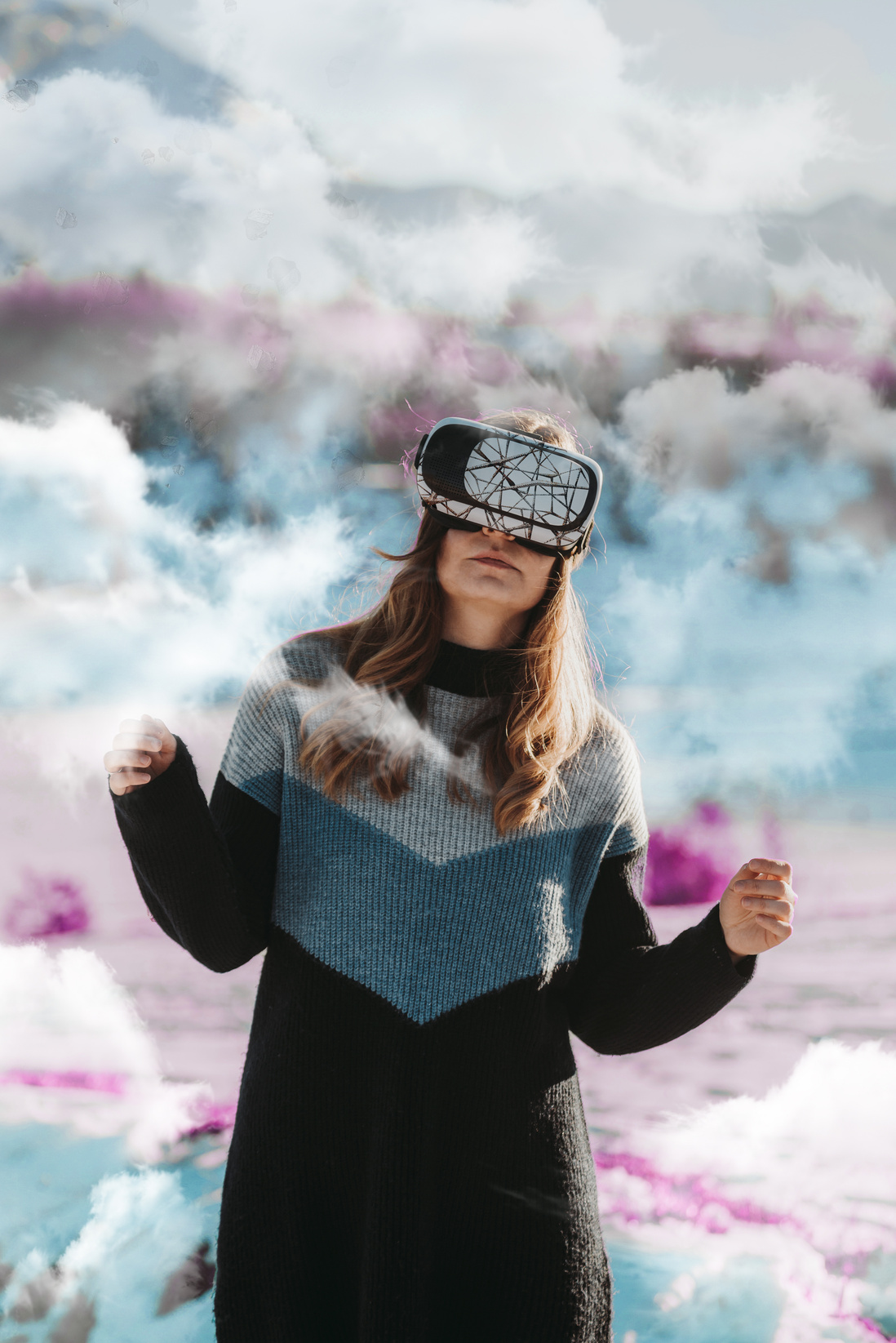woman with vr goggles outdoors in surreal world enjoying vr