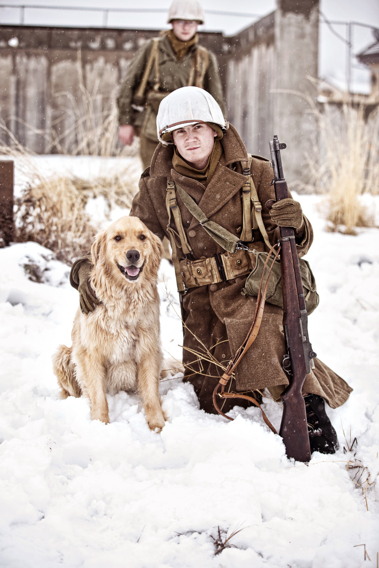 US World War II Soldier Posing With Dog While Patrolling